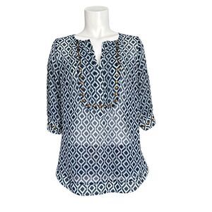 41 Hawthorn Women's Blue‎ & White 3/4 Sleeves Notched Neck Blouse Size M